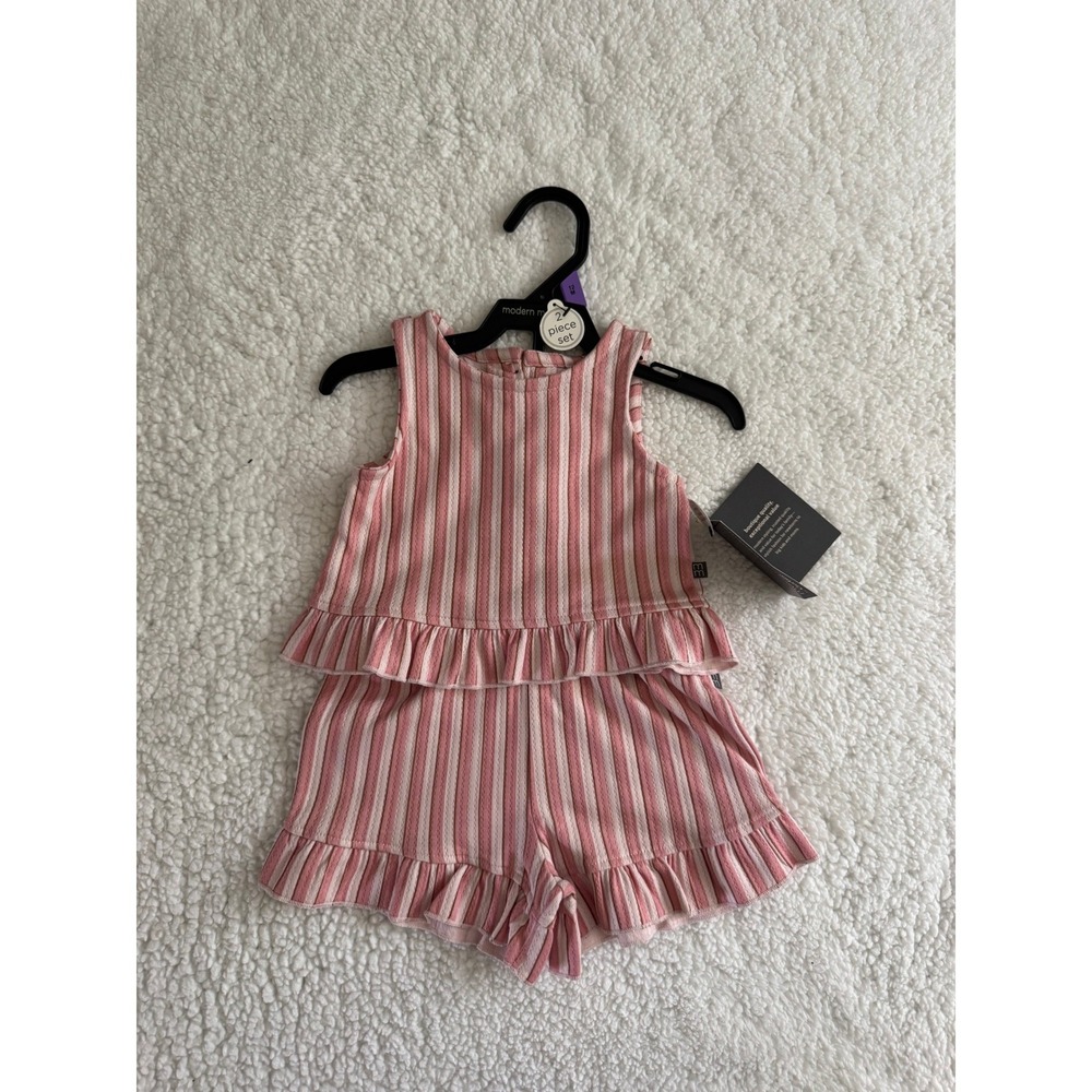 Modern Moments by Gerber Baby Girls 12M Pink Striped Ruffle Top and Shorts Set